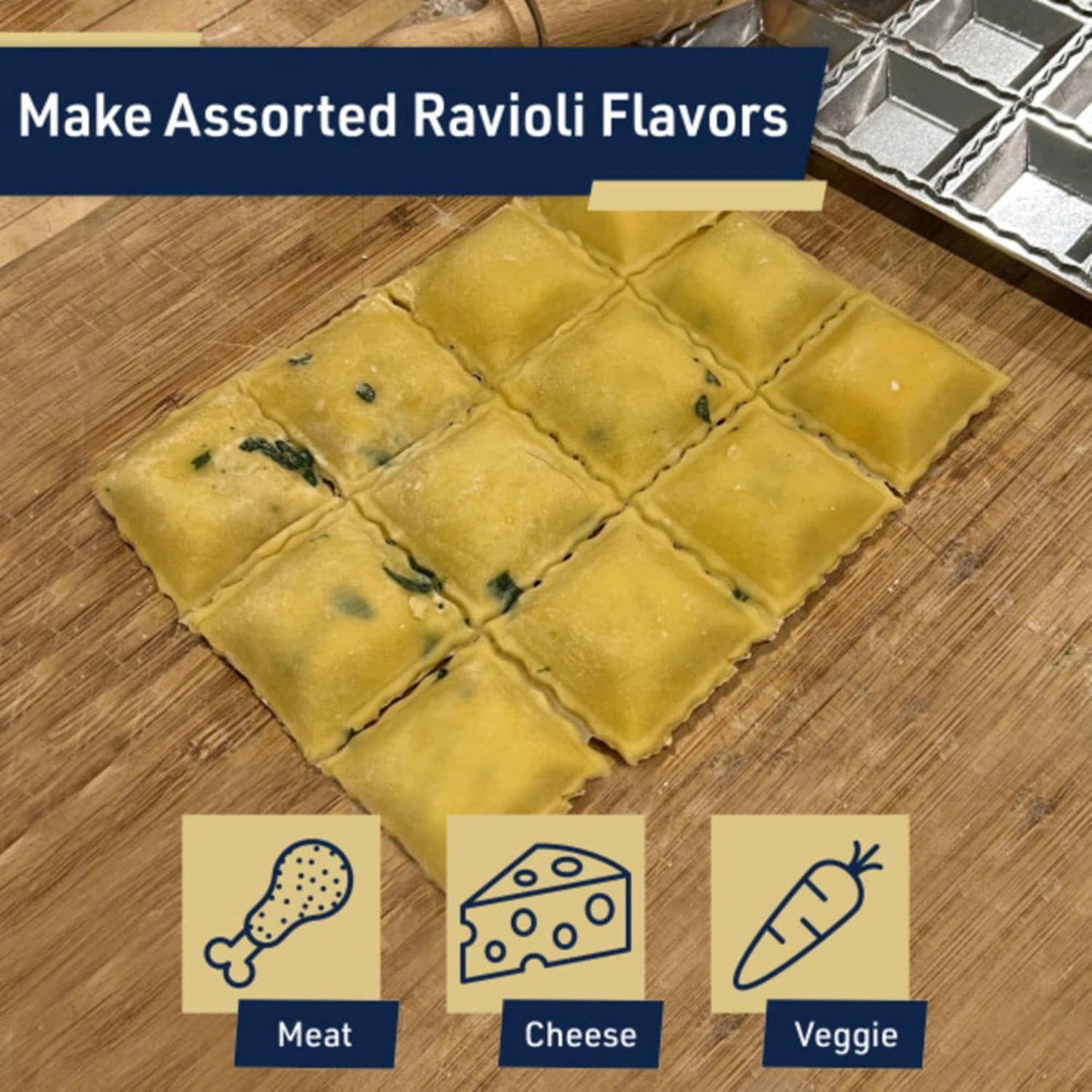 Ravioli Mold - Pasta Cutter Makes 12 Round 2” Raviolis - Easy to Use Stuffed Pasta Maker with Wood Roller and Non-Slip Rubber Feet - Made in Italy Kitchen Tools by Kings County Tools