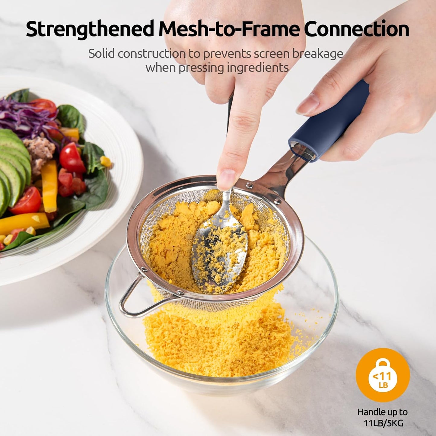 U-Taste Medium Fine Mesh Strainer: 18/8 Stainless Steel 4.73in 30 Mesh Kitchen Food Sieve with Sturdy Riveted Silicone Handle, Heavy Duty Deep Handheld Metal Colander for Rice, Quinoa, Flour (Black)