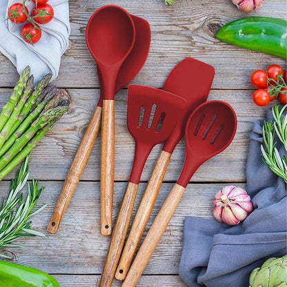 Kitchen Utensils Set, Silicone Cooking Utensils Set,Non-Stick Silicone Spatula Set with Natural Acacia Hard Wood Handle, 5 Piece, Upgraded Thickened Cookware