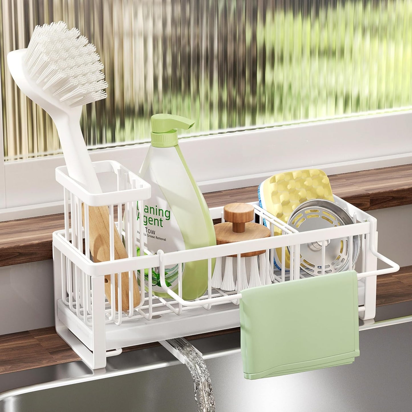 SWTYMIKI Sponge Holder for Kitchen Sink - Sink Caddy with Brush Holder Self-draining Sponge Caddy Organizer with Divider Stainless Steel Kitchen Accessories Storage for Countertop, Black