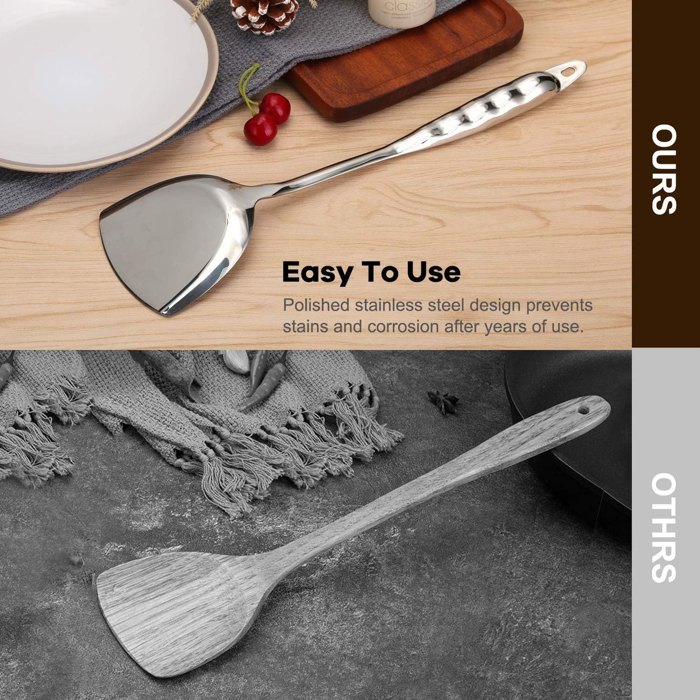 Spatula, Metal Spatula for Kitchen, Stainless Steel Slotted Turner, Hollow Handle Heat-Resistant Design, Ergonomic Dual-Handed Grip, Gift for Family