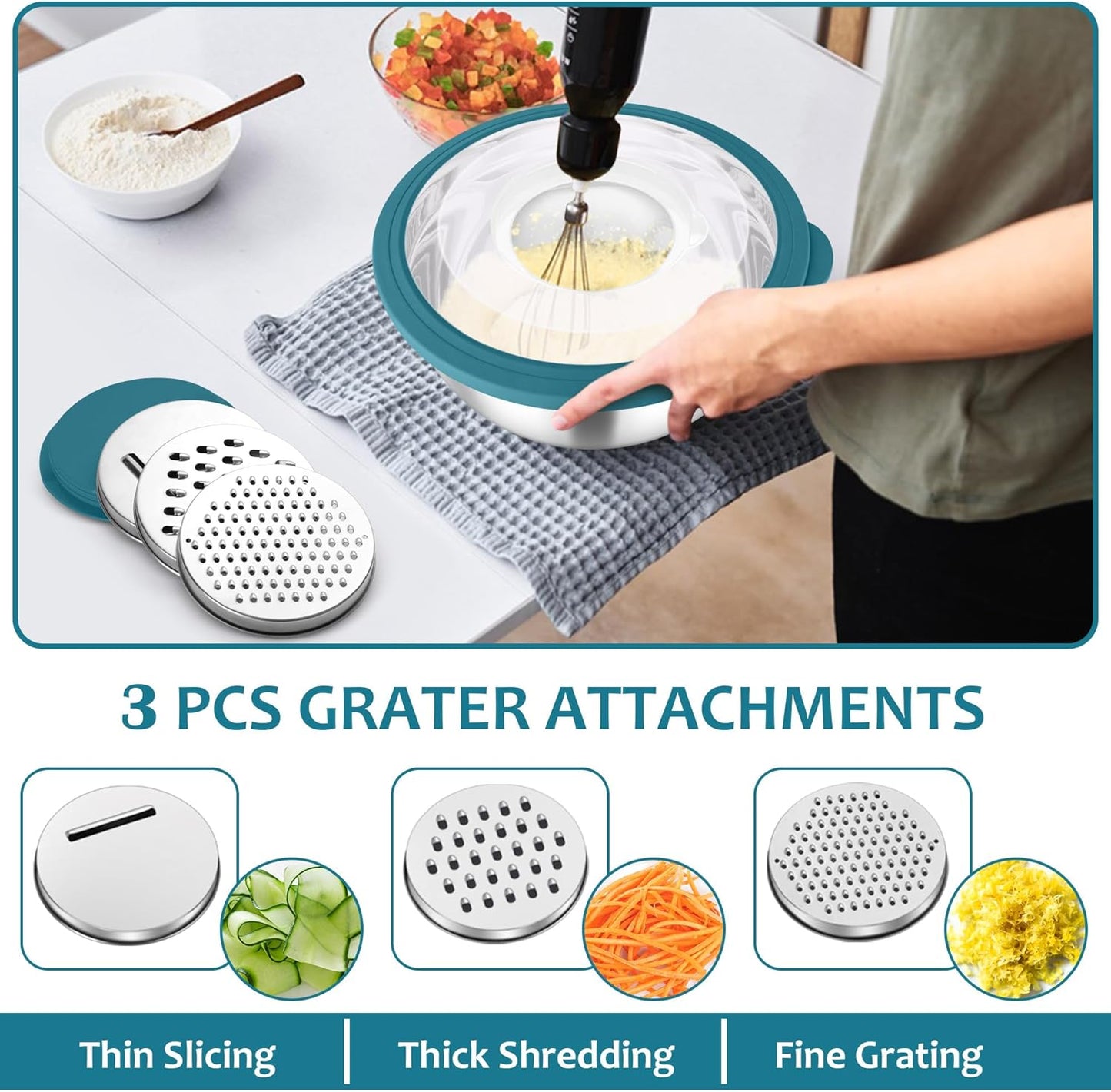 E-far Colander with Mixing Bowl Set, 4-1 Stainless Steel Colander Strainers Bowl with Graters for Kitchen, Rotatable Food Strainer Bowl for Rinsing Fruits Vegetables/Draining Pasta - Blue