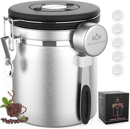 Coffee canister for ground coffee with Scoop Date Tracker One Way Co2 Valve 304 Stainless Steel Kitchen Food Airtight storage container for Coffee Beans,Grounds,Tea,Sugar (Black, 16oz)