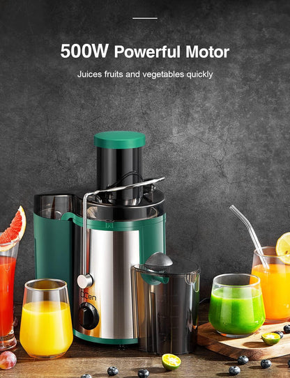 Qcen Juicer Machine, 500W Centrifugal Juicer Extractor with Wide Mouth 3” Feed Chute for Fruit Vegetable, Easy to Clean, Stainless Steel, BPA-free (Black)