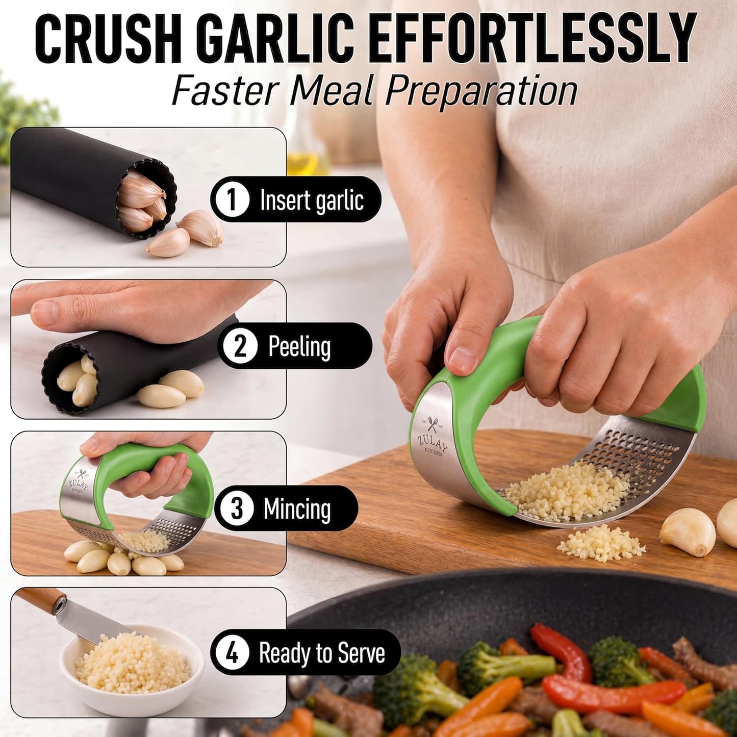 Zulay Kitchen Stainless Steel Garlic Press Rocker Set - Premium Garlic Mincer Garlic Crusher - New Innovative Garlic Crusher with Peeler and Scraper - Comfortable Grip (Black)