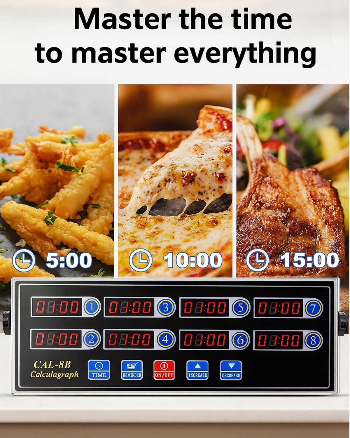 Commercial 8 Channels Digital Kitchen Timer, Stainless Steel Calculagraph Timer with Loud Alarm for Restaurant, Clock Reminder on Multiple Events