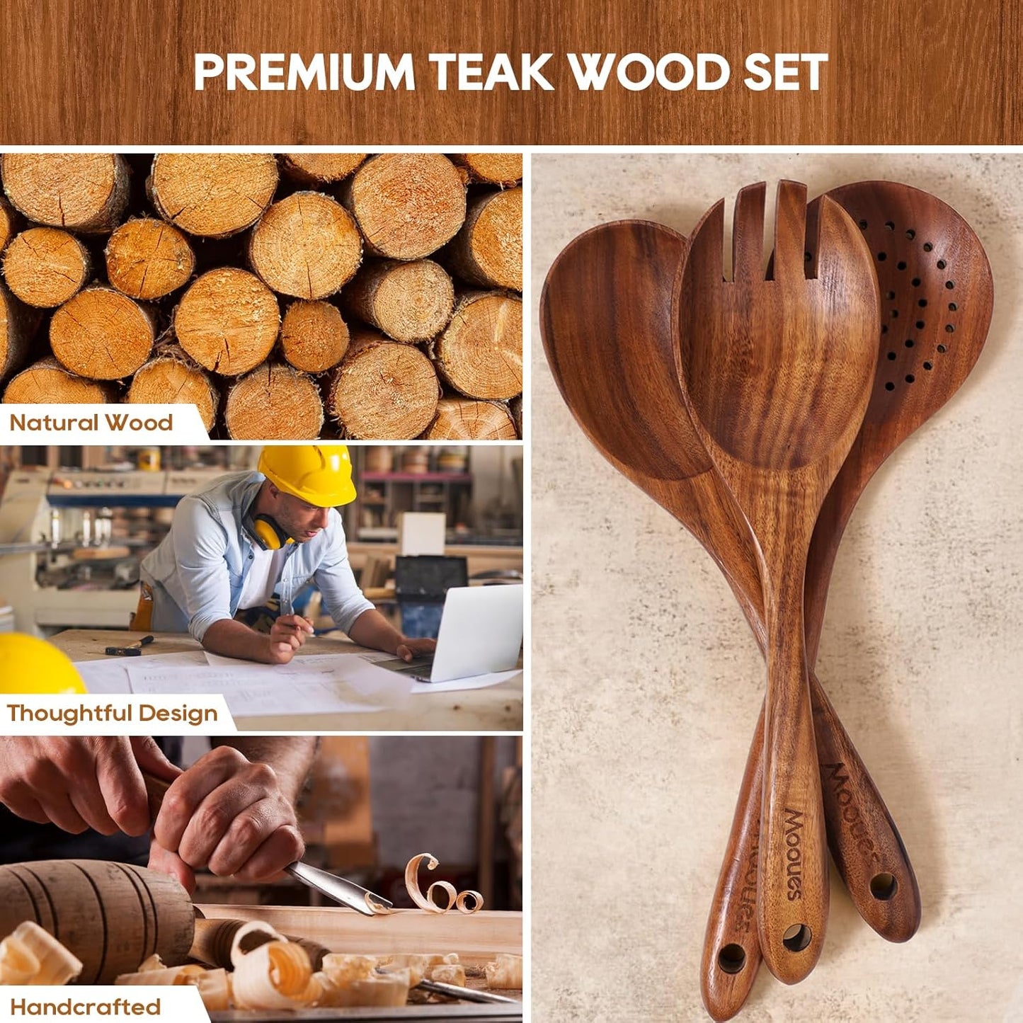 Wooden Ladle for Soup, 3 Size Teak Wood Ladle Spoon with Back Hooks, Heat Resistant Wooden Spoons for Cooking, Non-Stick, Comfortable Grip, Wood Kitchen Utensils Set for Serving, Stirring