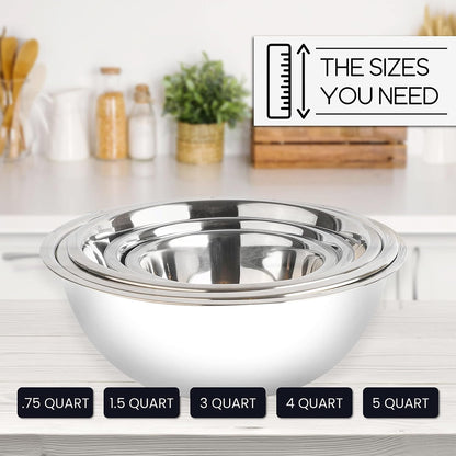 WHYSKO Meal Prep Stainless Steel Mixing Bowl (5-Piece Set) Home, Refrigerator, and Kitchen Food Storage Organizers | Ecofriendly, Heavy Duty, No Lids
