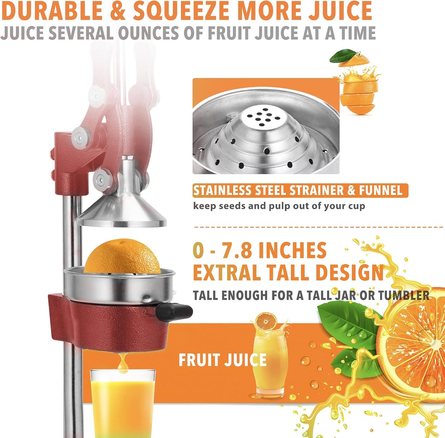 Commercial Heavy Duty Cast Iron Hand Press Manual Orange Citrus Lemon Lime Grapefruit Pomegranate Fruit Juice Squeezer Machine with Stainless Steel Cup