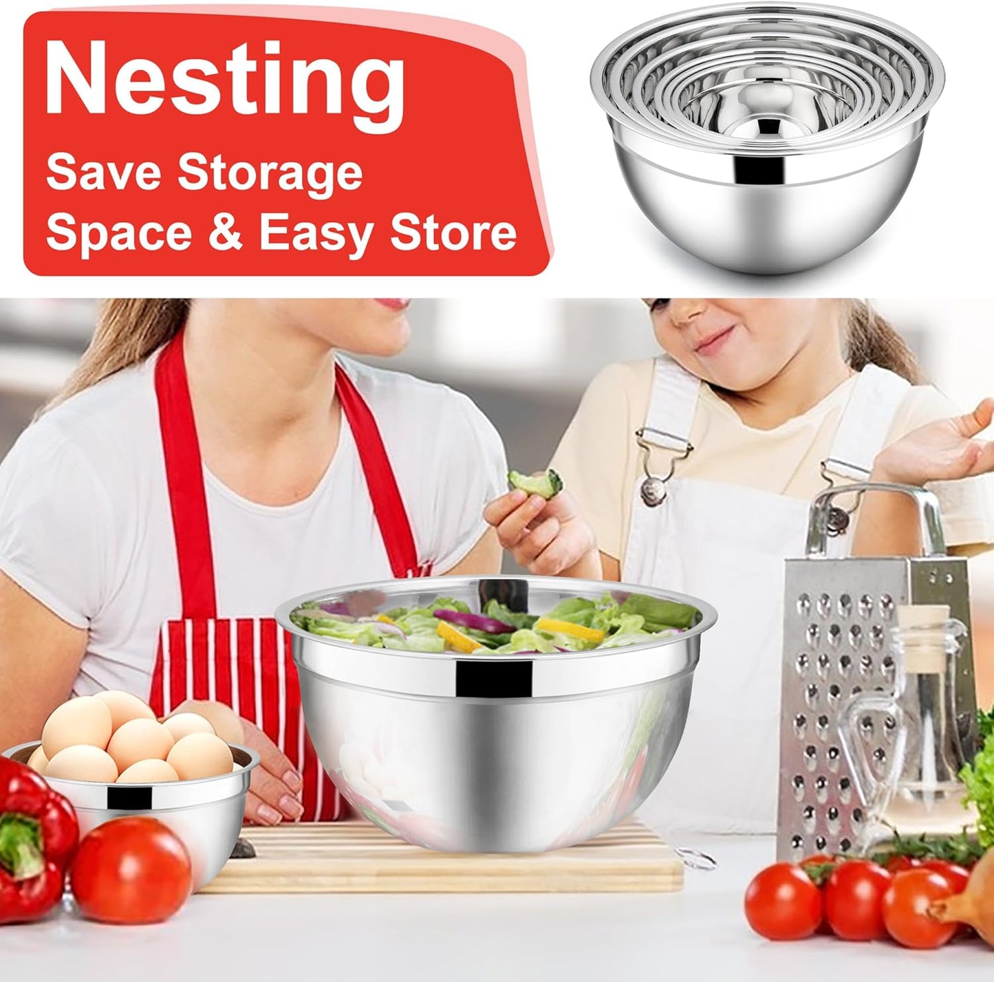 E-far Mixing Bowls with Lids, 6-Piece Stainless Steel Salad Bowls Metal Nesting Bowls for Baking Cooking and Prepping, Airtight Lids & Stackable Design, Size 4.5, 3, 1.5 QT (Black)