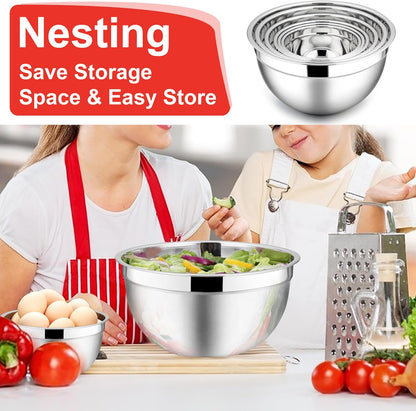 E-far Mixing Bowls with Lids, 6-Piece Stainless Steel Salad Bowls Metal Nesting Bowls for Baking Cooking and Prepping, Airtight Lids & Stackable Design, Size 4.5, 3, 1.5 QT (Black)