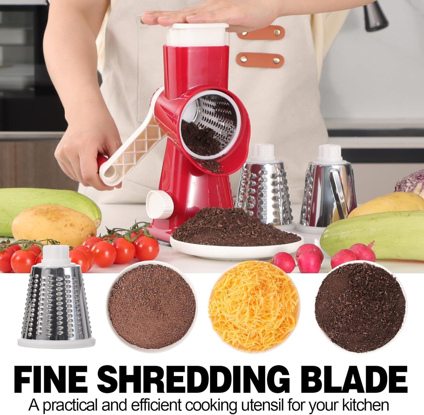 Cheese Grater Cheese Shredder with 3 Interchangeable Blades, Rotary Cheese Grater Manual Vegetable Slicer with Non-slip Suction Base Peanut Nuts Grinder Vegetable Shredder Clear