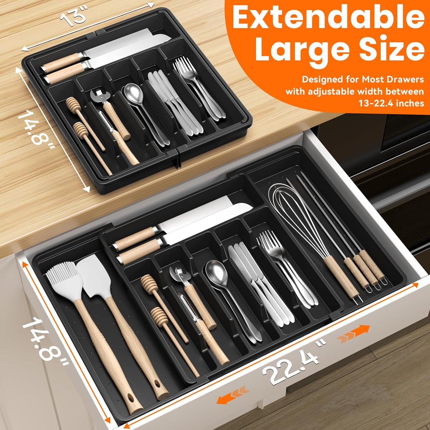 RoomHacks Large Silverware Organizer,Expandable Utensil Drawer Organizer,BPA Free Utensil Holder,Adjustable Silverware Tray Cutlery Drawer Organizer for Kitchen Flatware,Large,Black (6-8 Slots)