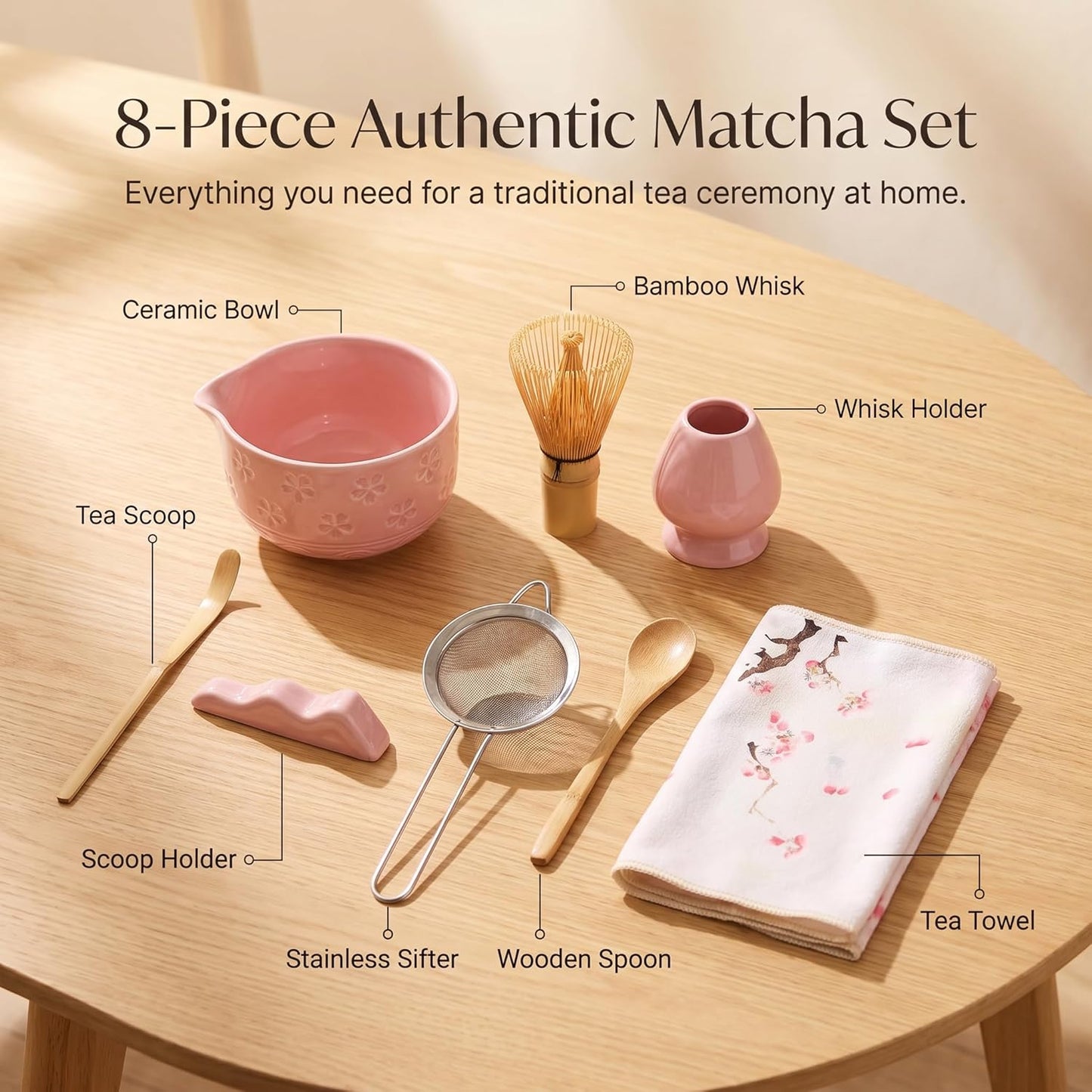 Matcha Whisk Set 8 Pcs Complete Matcha Starter Kit With Ceramic Bowl, Bamboo Whisk, Holder, Spoon, Sifter, Spoon Stand For Matcha Lovers Ceremonial Gift Set