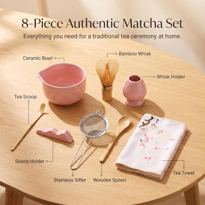 Matcha Whisk Set 8 Pcs Complete Matcha Starter Kit With Ceramic Bowl, Bamboo Whisk, Holder, Spoon, Sifter, Spoon Stand For Matcha Lovers Ceremonial Gift Set
