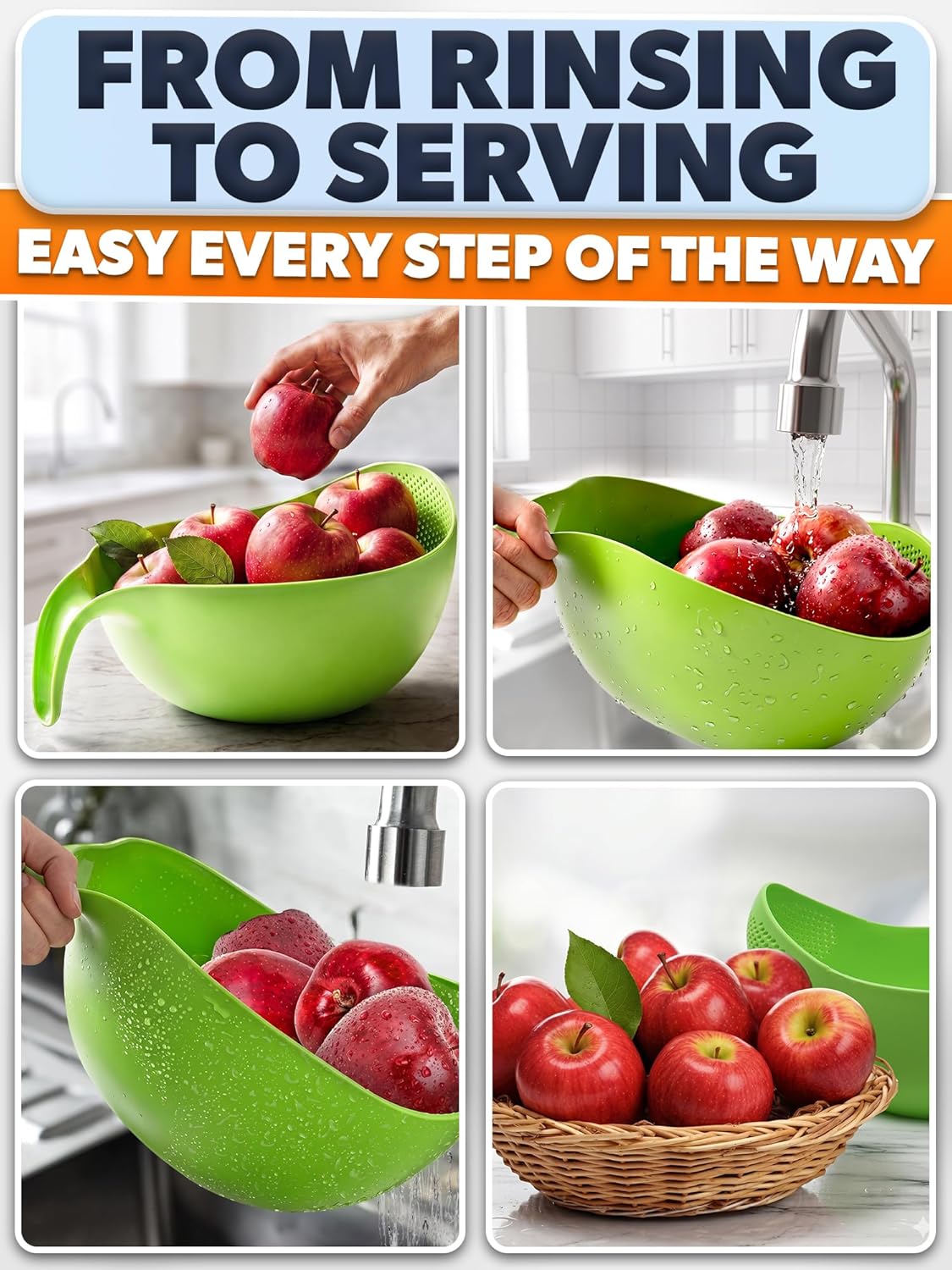 Rice Strainer with Handle - Lightweight Rice Washer Strainer Bowl with Smart Design for Easy Water Draining, Easy to Use & Clean ABS Plastic Colander with Handle for Cereals, Pasta, Vegetables, Fruits