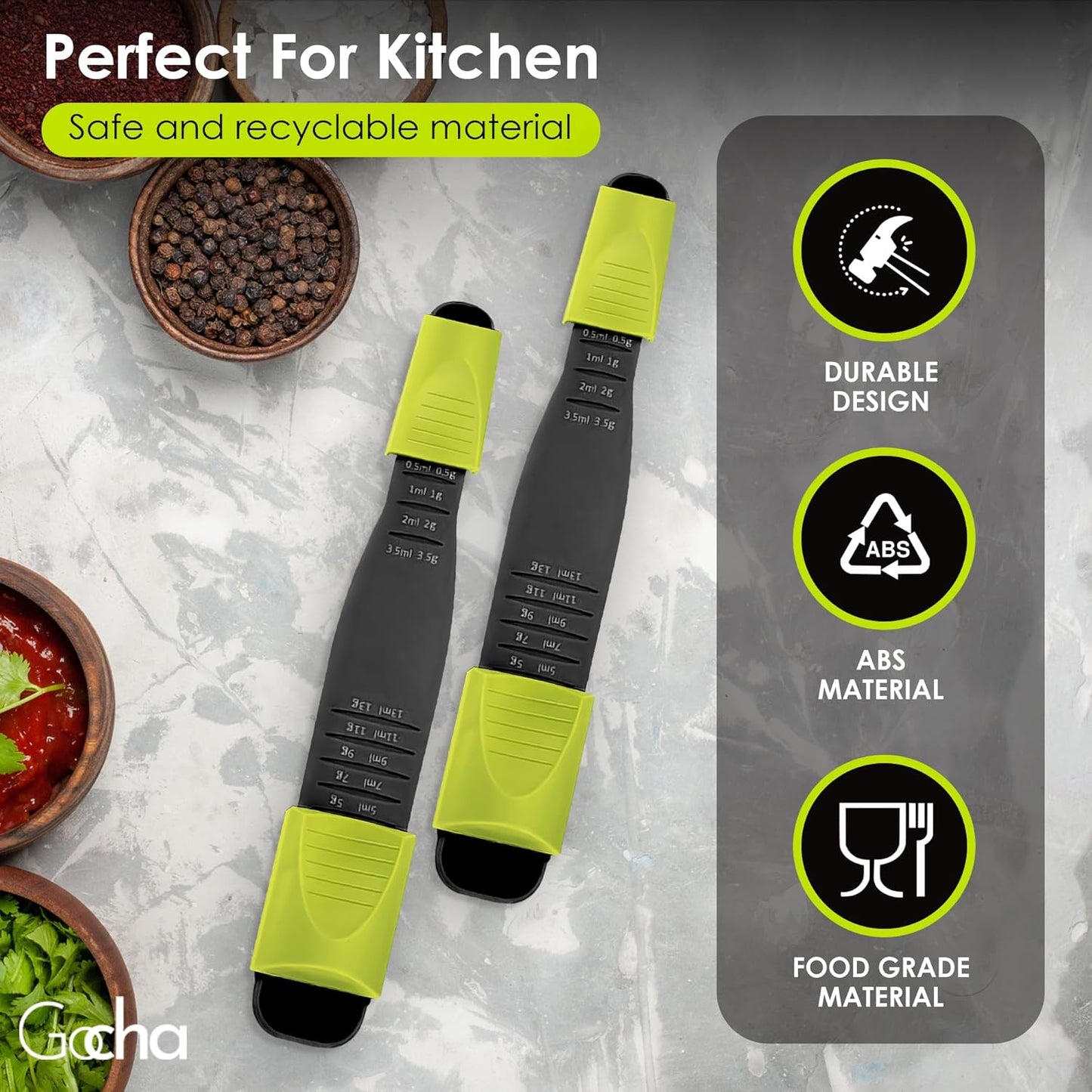 GOCHA Double-Ended Adjustable Measuring Spoon - 9-in-1 Kitchen Tool with Precision Scales (0.5-13ml/g) - Space-Saving Design for Dry & Liquid Ingredients (Black Green)
