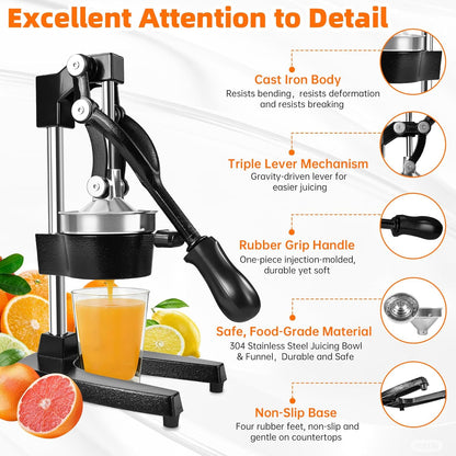 Cast Iron Manual Citrus Juicer Press, Commercial Heavy Duty Cast Iron Fruit Juicer for Home Kitchen, Professional Manual Juicer Press for Orange or Lemon, Easy to Clean and Use, High Juice Yield