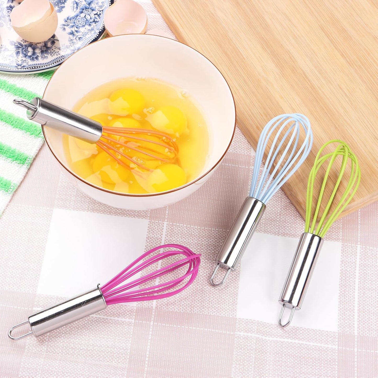 BAEKZ Multi-Color Mini Silicone Kitchen Whisks with Stainless Steel Handles Milk Beater Egg Beater Balloon Whisk for Blending Stirring Whisking and Beating(6.2in, Four colorsl, 8)