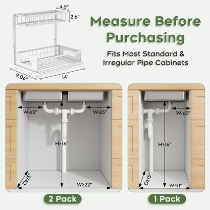 Under Sink Organizer, 2 Pack Cabinet Organizer for Kitchen, Height Adjustable Pull Out Heavy Duty 2 Tier Metal Under Sink Storage for Bathroom Pantry (Black, 2 Pack)