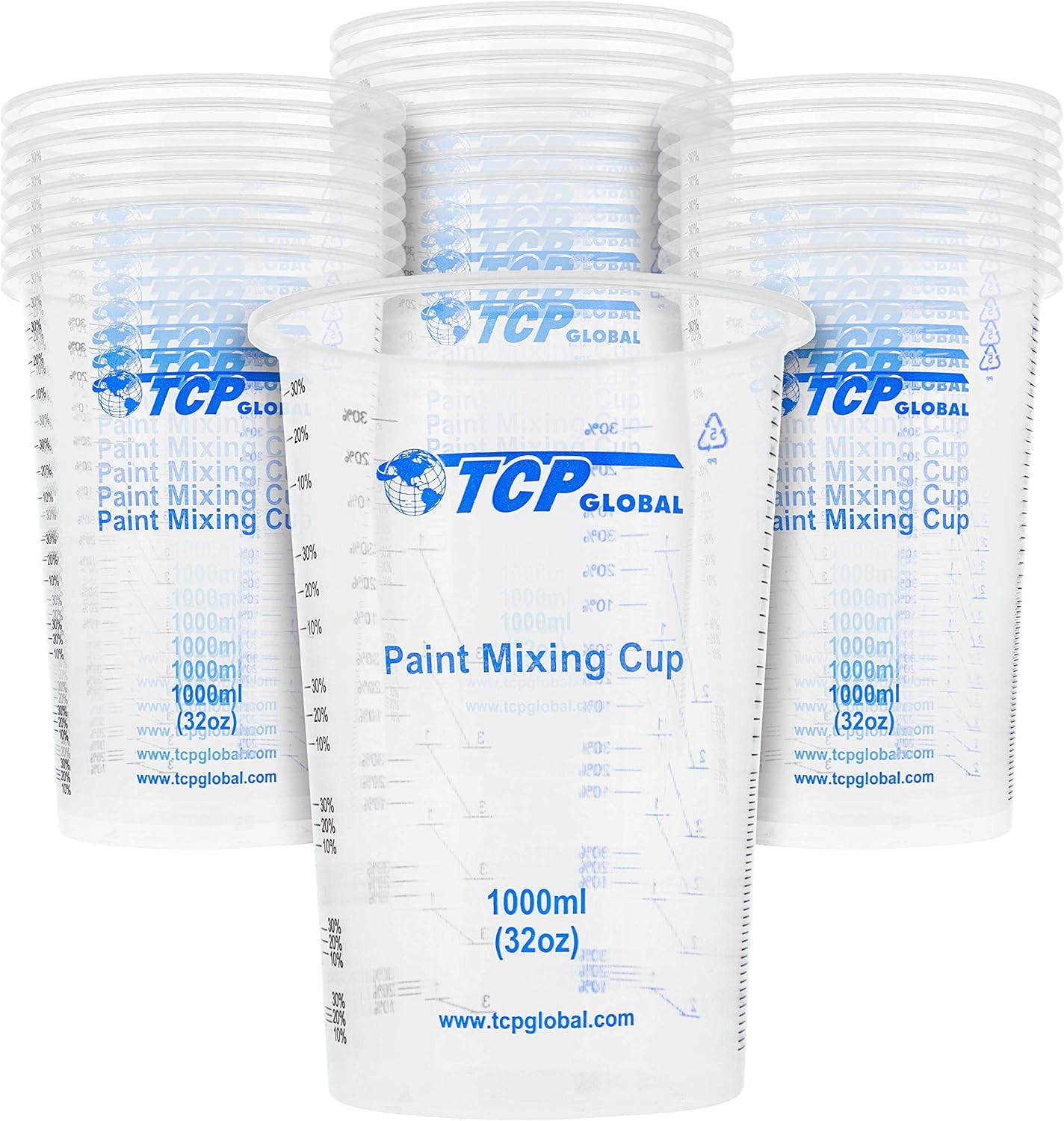 TCP Global 32 oz. (1000ml) Graduated Plastic Mixing Cups (Box of 50) - Disposable Plastic Measuring Cups for Liquids, Paints, Resin, Epoxy, Art, Kitchen - Ratios 2-1, 3-1, 4-1 ML