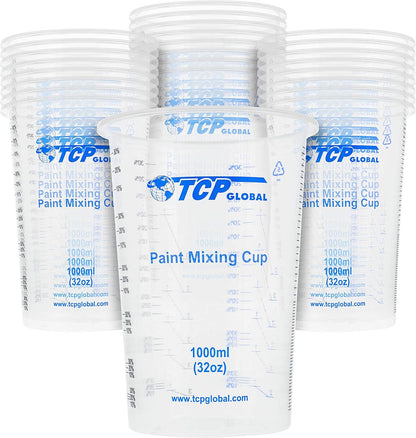 TCP Global 32 oz. (1000ml) Graduated Plastic Mixing Cups (Box of 50) - Disposable Plastic Measuring Cups for Liquids, Paints, Resin, Epoxy, Art, Kitchen - Ratios 2-1, 3-1, 4-1 ML