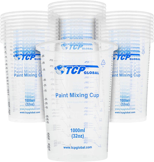 TCP Global 32 oz. (1000ml) Graduated Plastic Mixing Cups (Box of 50) - Disposable Plastic Measuring Cups for Liquids, Paints, Resin, Epoxy, Art, Kitchen - Ratios 2-1, 3-1, 4-1 ML
