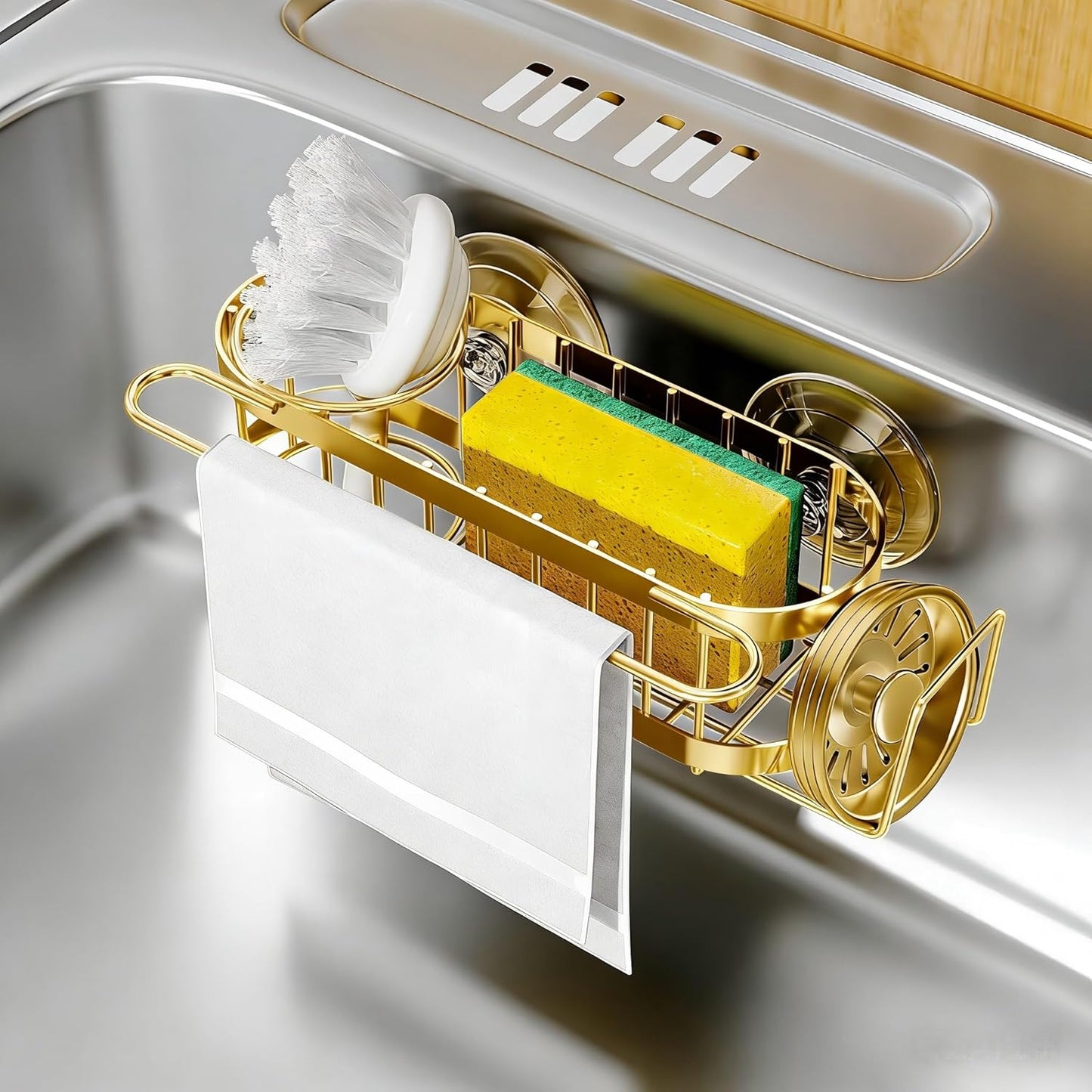 Cisily Kitchen Sink Caddy Sponge Holder in The Sink, Stainless Steel Kitchen Sink Organizer, Brush Holder, Dish Cloth Hanger, Sink Stopper Holder (Suction cup-Black)
