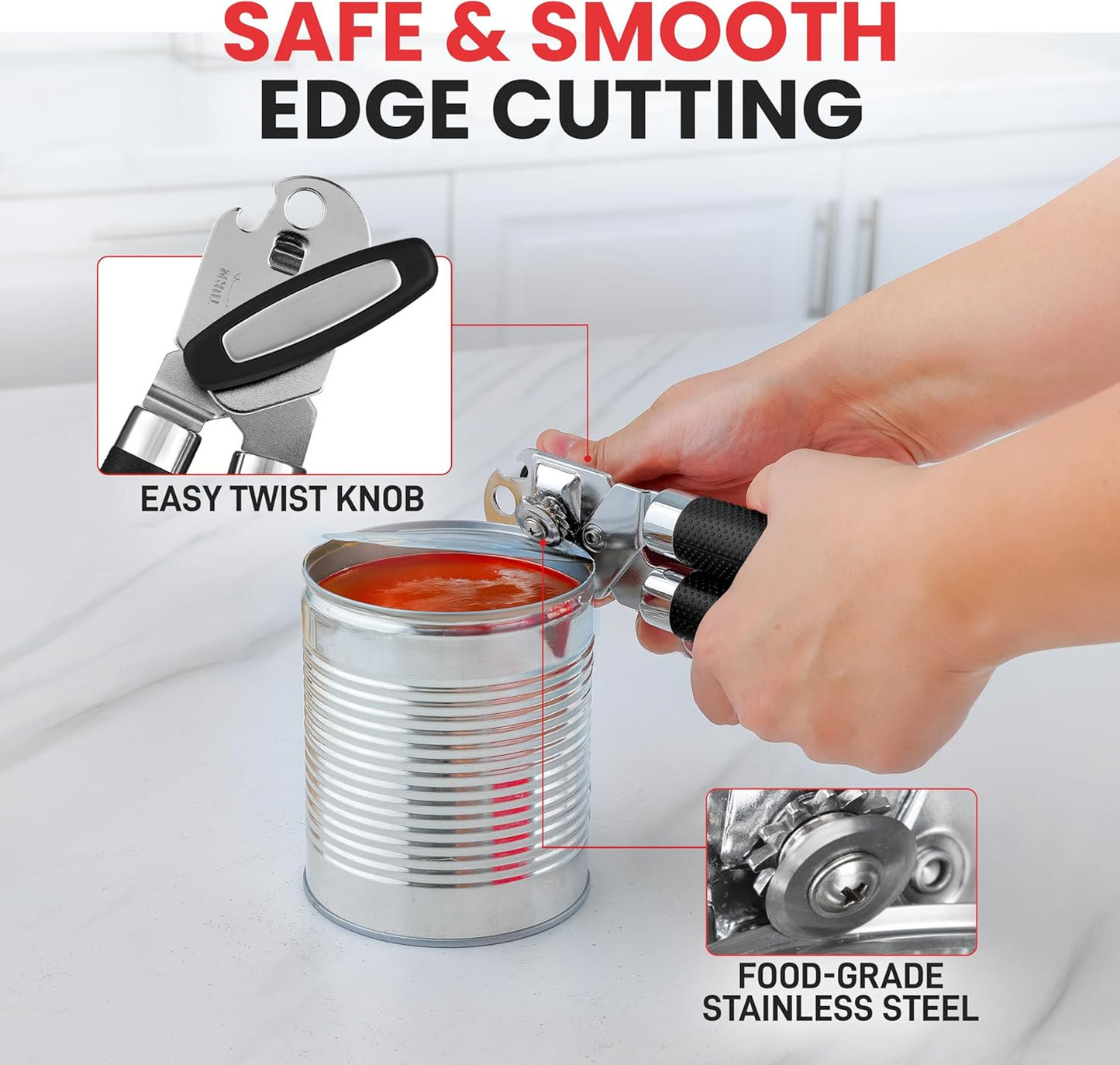 Zulay Kitchen Can Opener with Large Bottle Opener - Heavy Duty Stainless Steel Manual Can Opener with Turn Knob and Soft Grip Handles - Black