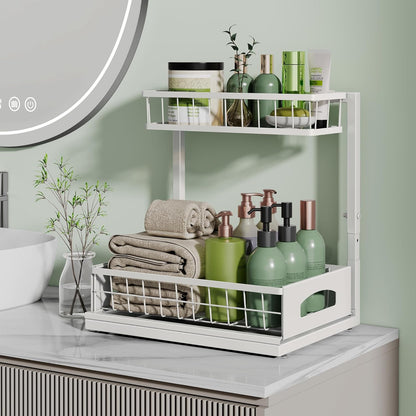 Under Sink Organizer, 2 Pack Cabinet Organizer for Kitchen, Height Adjustable Pull Out Heavy Duty 2 Tier Metal Under Sink Storage for Bathroom Pantry (Black, 2 Pack)