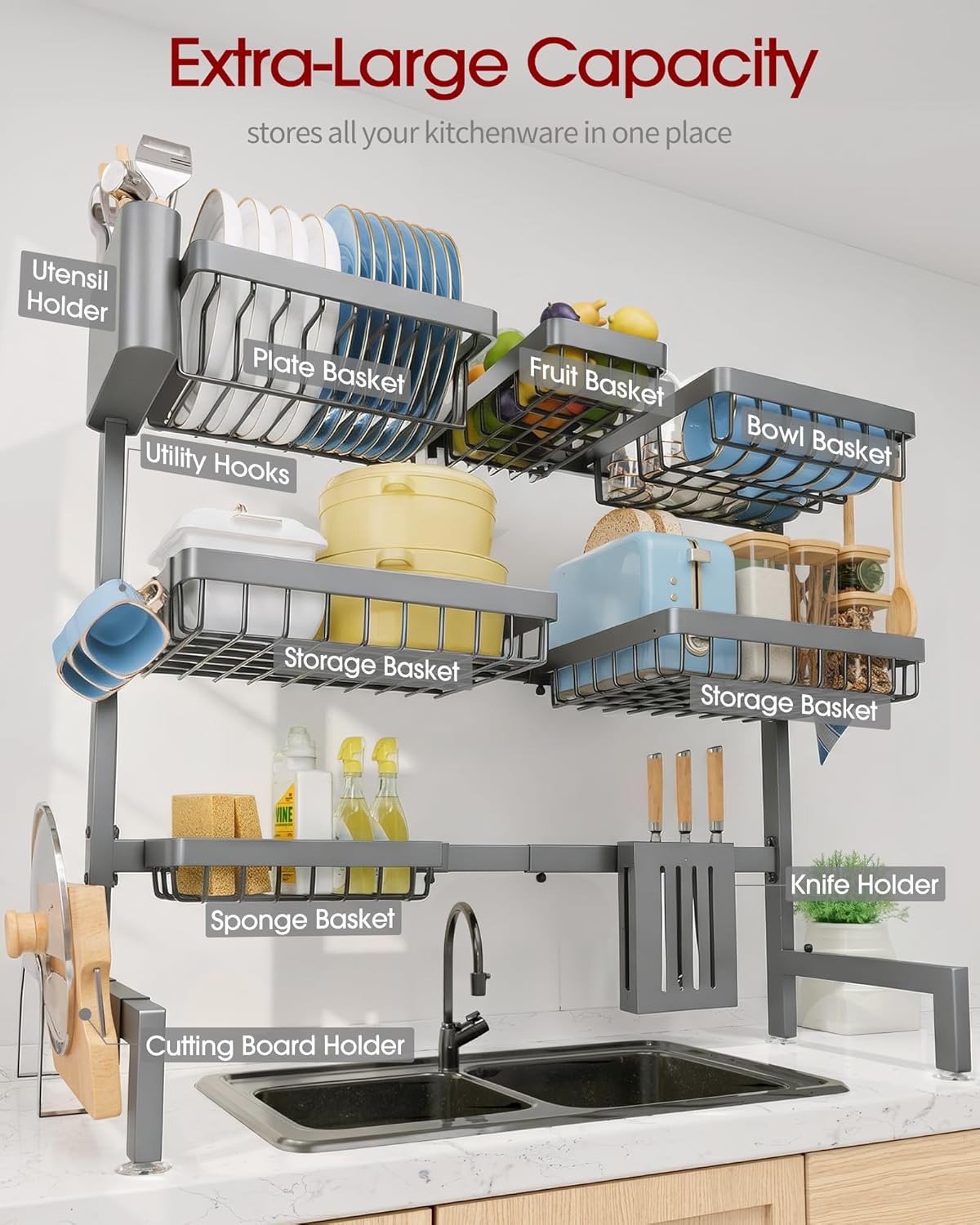 Sakugi Over The Sink Dish Drying Rack, Expandable 2-Tier Stainless Steel Kitchen Storage Organization Accessories for Countertop, Rustproof & Space-Saving, 30"–34.5" L x 12" W x 25" H, Black