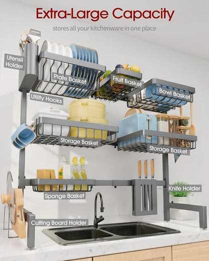 Sakugi Over The Sink Dish Drying Rack, Expandable 2-Tier Stainless Steel Kitchen Storage Organization Accessories for Countertop, Rustproof & Space-Saving, 30"–34.5" L x 12" W x 25" H, Black