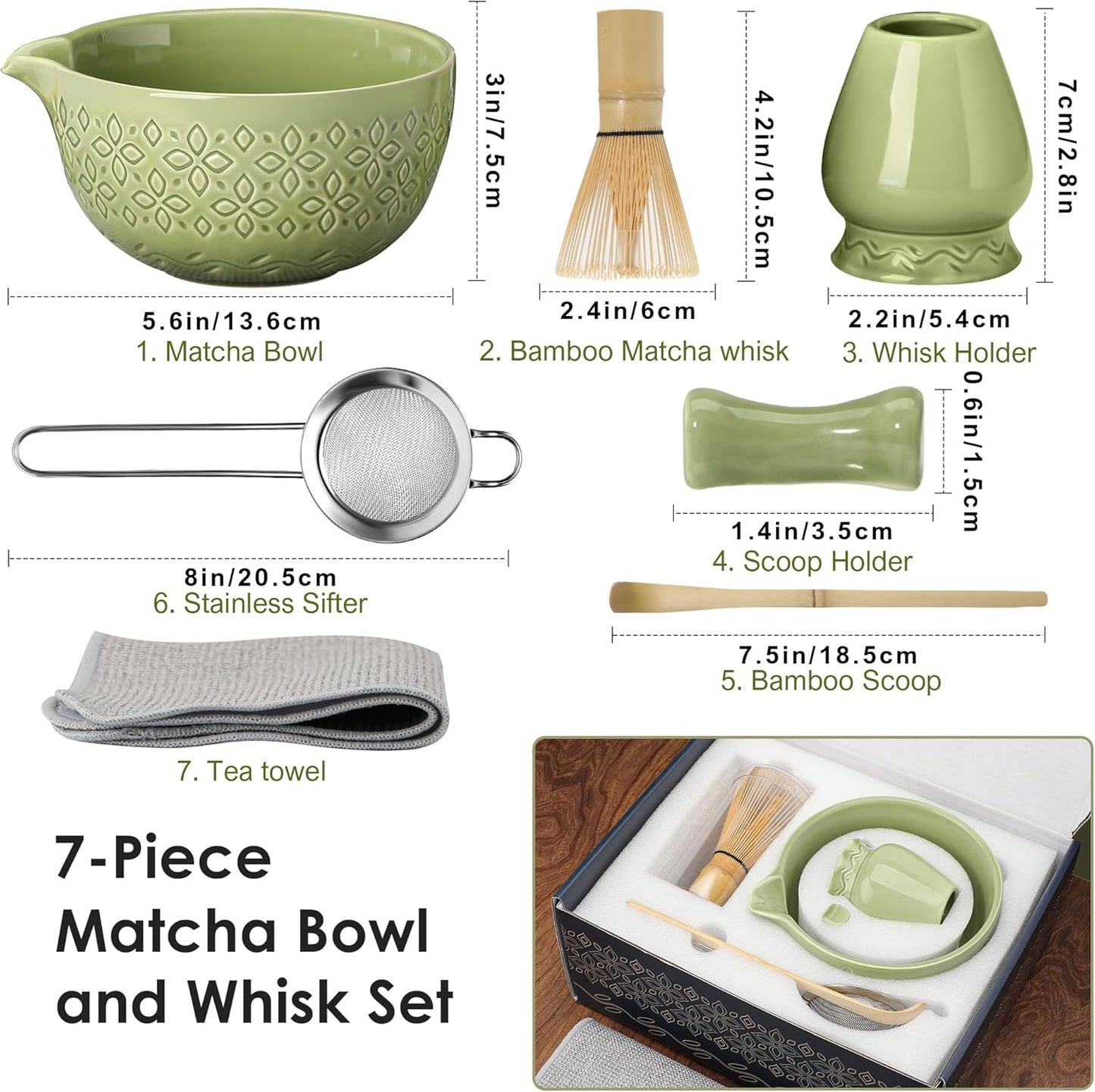 Matcha Whisk Set Matcha Kit - 7 Pcs Japanese Tea Set Includes Matcha Bowl with Spout,Bamboo Whisk with Ceramic Holder,Bamboo Scoop and Rest,Sifter,Tea Towel, for Ceremony Matcha Lovers Gift,Green