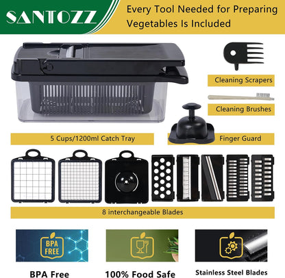 SANTOZZ Multifunctional Vegetable Chopper with Container, Vegetable Cutter with Interchangeable Blades, Onion Slicer, Garlic Grinder, Dicer for Potato, Carrot Chopper