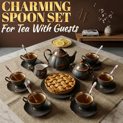 6 PCs Ceramic Handle Coffee Spoons Set – 6.1" Small Dessert Spoons with Floral Design – Stainless Steel Tea & Dessert Sugar Spoon for Coffee Bar, Espresso, Hot Drinks | Kitchen Gift Set for Women