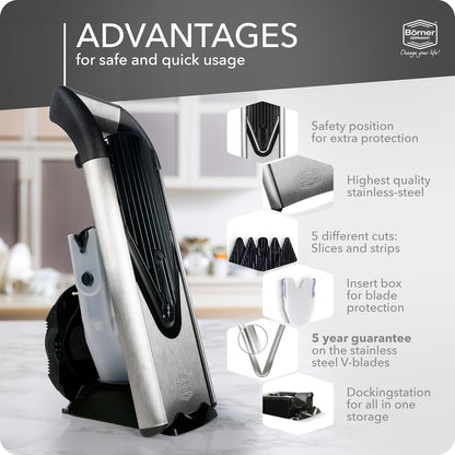Börner by Reston Lloyd Mandoline Slicer V6 (Starter Set) • Stainless Steel Slicer with V-Blade • Adjustable Kitchen Slicer for Vegetables & Fruits • Various Thicknesses & Grater