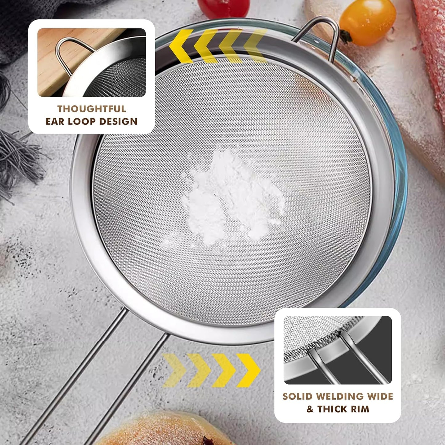 NileHome 3 Piece Mesh Strainers, Stainless Steel Strainer for Sifting, Straining, Cooking Kitchen Strainers Fine Mesh for Flour, Pasta, Loose Tea, Fruit, and Rice, Silver