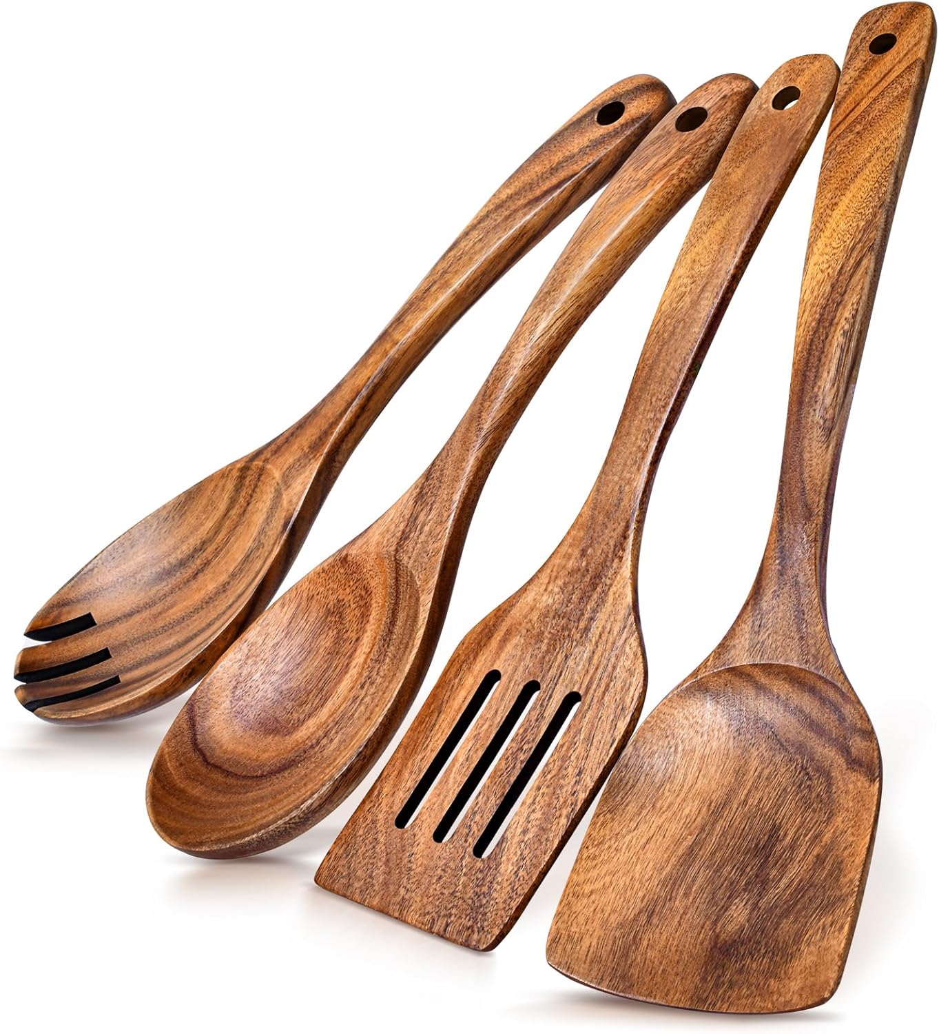 2Pcs Wooden Spatula, Acacia Solid & Slotted Turner Spatula Set, Long Handle Flat Frying Spatulas, Ideal Kitchen Gift for Mother and Grandma, Kitchen Utensils Set for Cooking, Frying, Baking