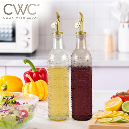 COOK WITH COLOR Glass Olive Oil Bottle Dispenser - 2 Pack- 17oz Oil and Vinegar Cruet - Olive Oil Carafe Decanter for Kitchen, Elegant Waves, Clear