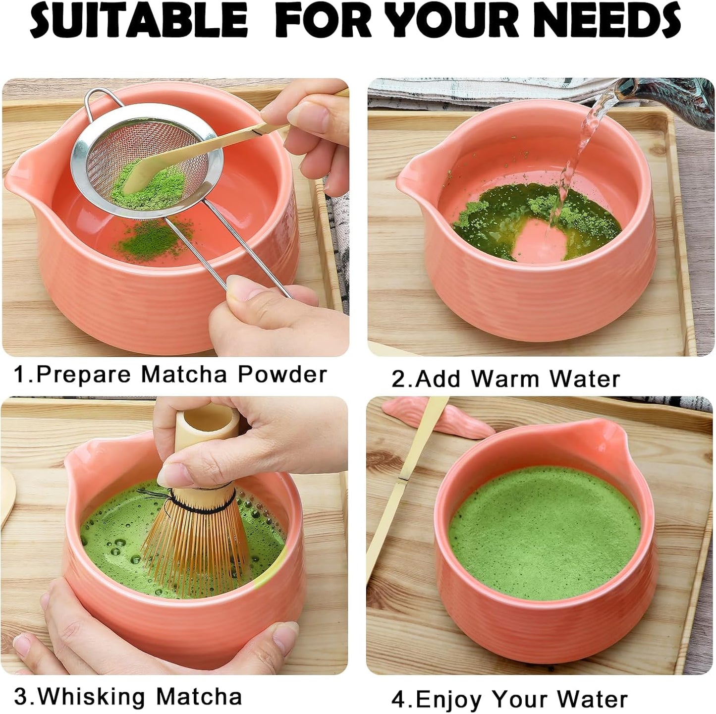Accguan Matcha Whisk Set, 7pcs - Bamboo & Ceramic, Includes 19 oz Bowl, Whisk, Spoons, Holder, Sifter & More - Perfect for Matcha Lovers