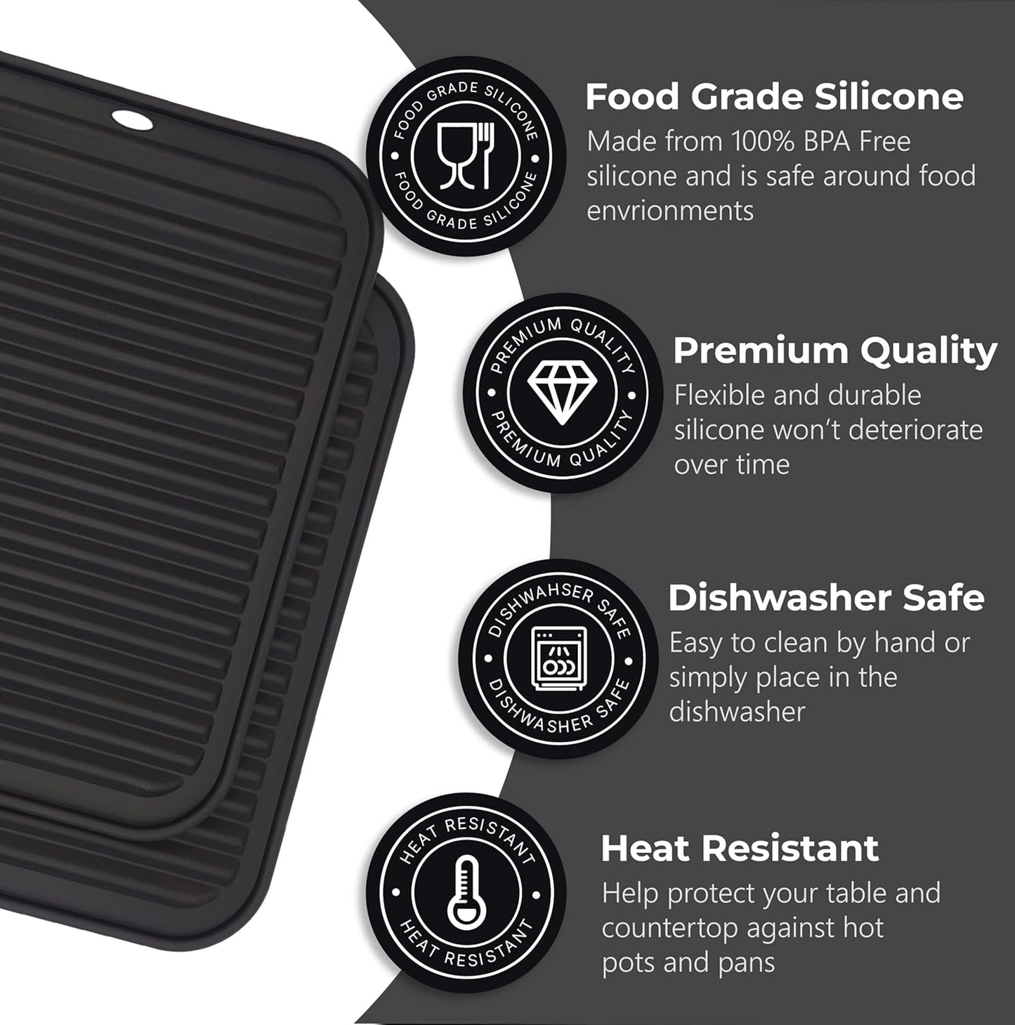 Silicone Trivets for Hot Dishes, Pots, Pans (2 Pack) - Heat-Resistant Pot Holders for Kitchen Countertop Mats - Silicone Trivet Mat (9 x 12 Inch) - Multipurpose Counter Pads (Black)