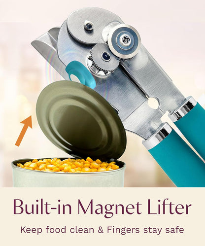 Premium Multifunction Magnetic Manual Can Opener and Bottle Opener, Heavy Duty Stainless Steel Sharp Cutting Blade and Oversized Easy Turn Knob, Soft-Touch Handle, Kitchen Use, Mauve