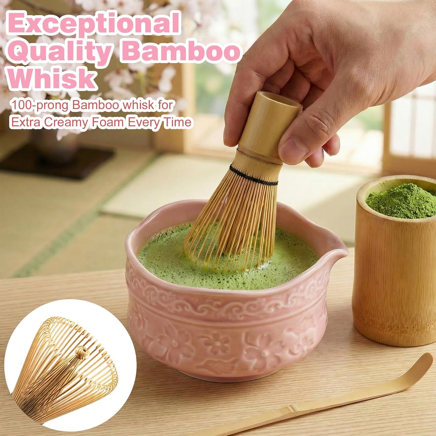 Matcha Whisk Set -7 Pcs Ceramic Matcha Kit Includes Matcha Bowl,Holder,Matcha Sifter, Bamboo Whisk (Chasen),Matcha Spoon and Scoop and Tea Towel,Matcha Kit for Matcha Lovers(Cyan)