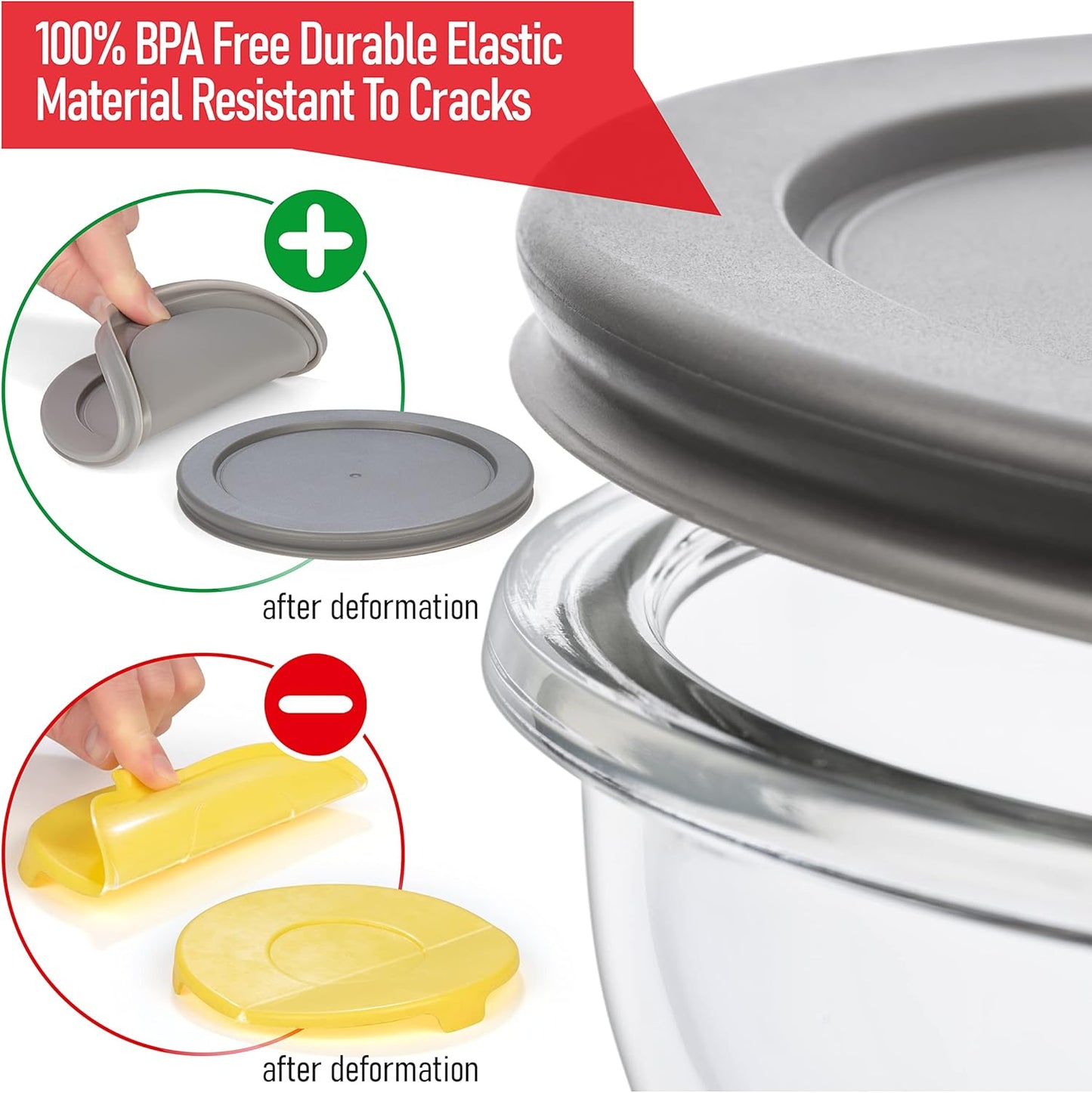 Set of 5 Nesting Glass Bowls with New Updated Acacia Lids for Foodprep, Storage, Mixing & Cooking - Microwave & Oven-ready BPA Free Durable Heat Resistant Inert Borosilicate Glass