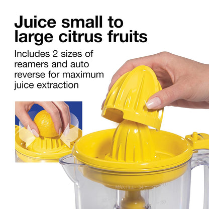 Proctor Silex Alex's Lemonade Stand Electric Citrus Juicer Machine, Large 34 oz. Pitcher, Pressure Activated, for Lemons, Limes and Oranges, 34 oz, Includes 2 Reamers & Recipe Book, Yellow (66341)