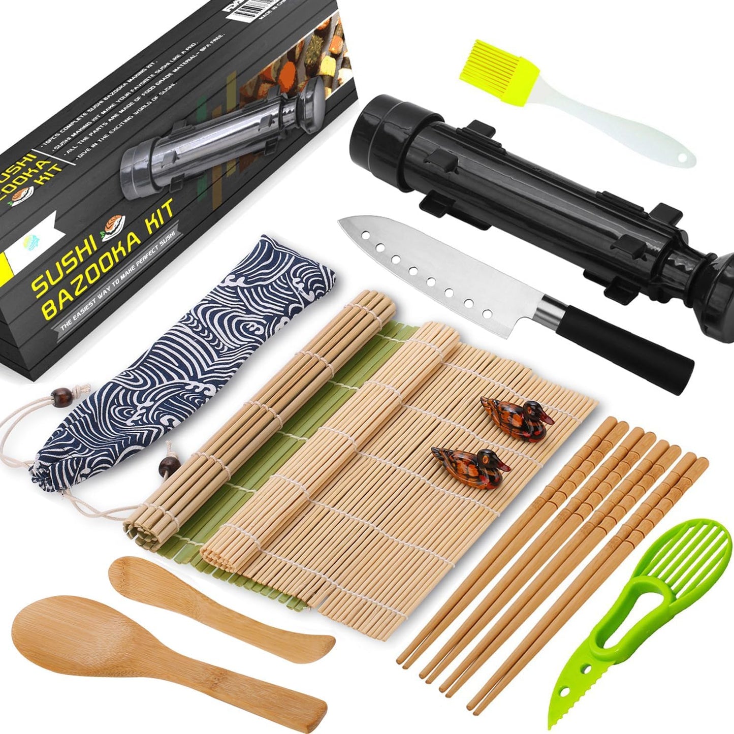 FUNGYAND Sushi Making Kit, All-in-One Bazooka Roller Set with Bamboo Mats, Avocado Slicer, Paddle, Knife, Chopstick & Holders, Cotton Bag - DIY Maki Roller Machine