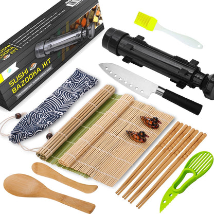 FUNGYAND Sushi Making Kit, All-in-One Bazooka Roller Set with Bamboo Mats, Avocado Slicer, Paddle, Knife, Chopstick & Holders, Cotton Bag - DIY Maki Roller Machine