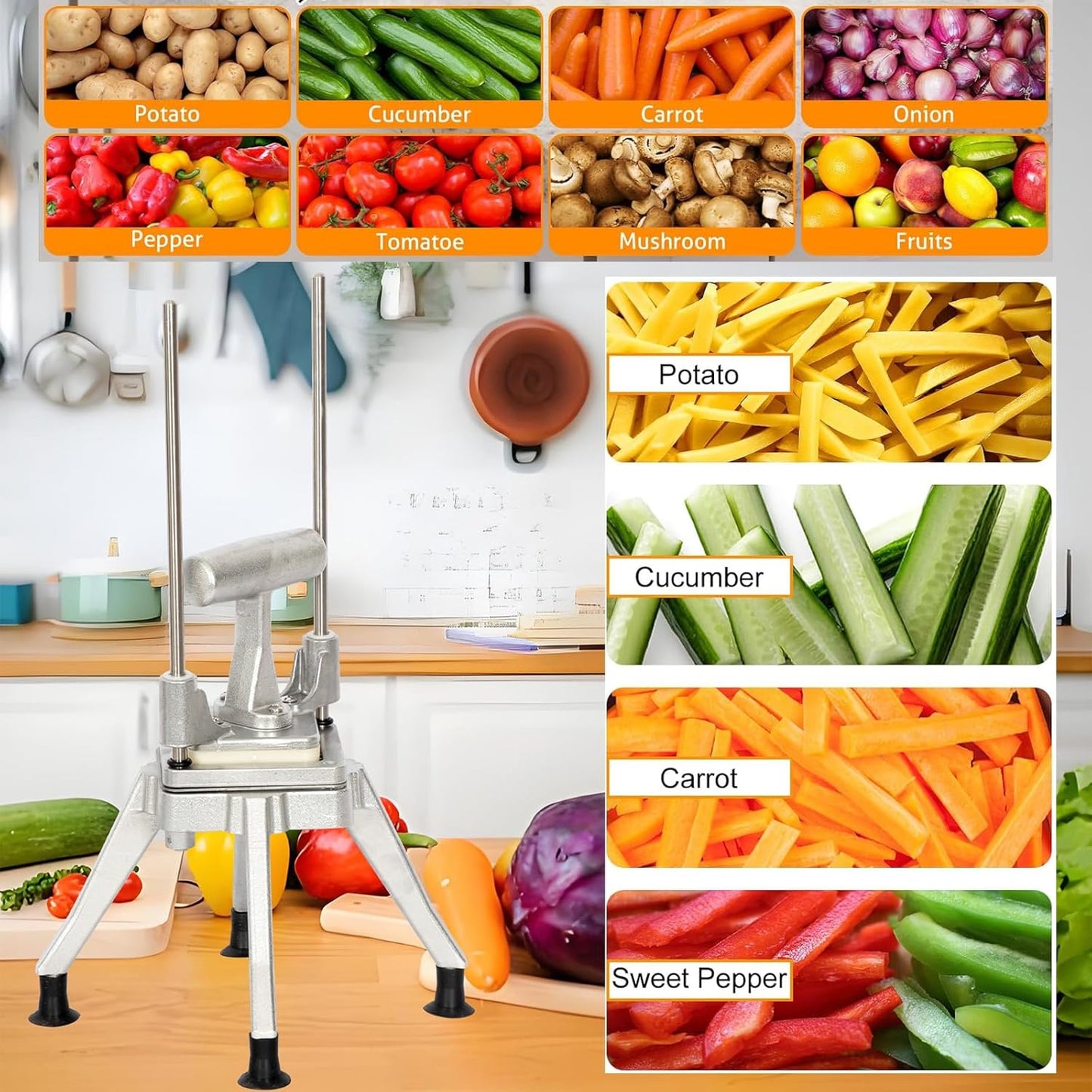 CTJ Commercial Vegetable Chopper & French Fry Cutter with (1/4" 3/8" 1/2") Replacement Blades Stainless Steel Veggie - Home Kitchen or Restaurant Use for Tomato Peppers Potato