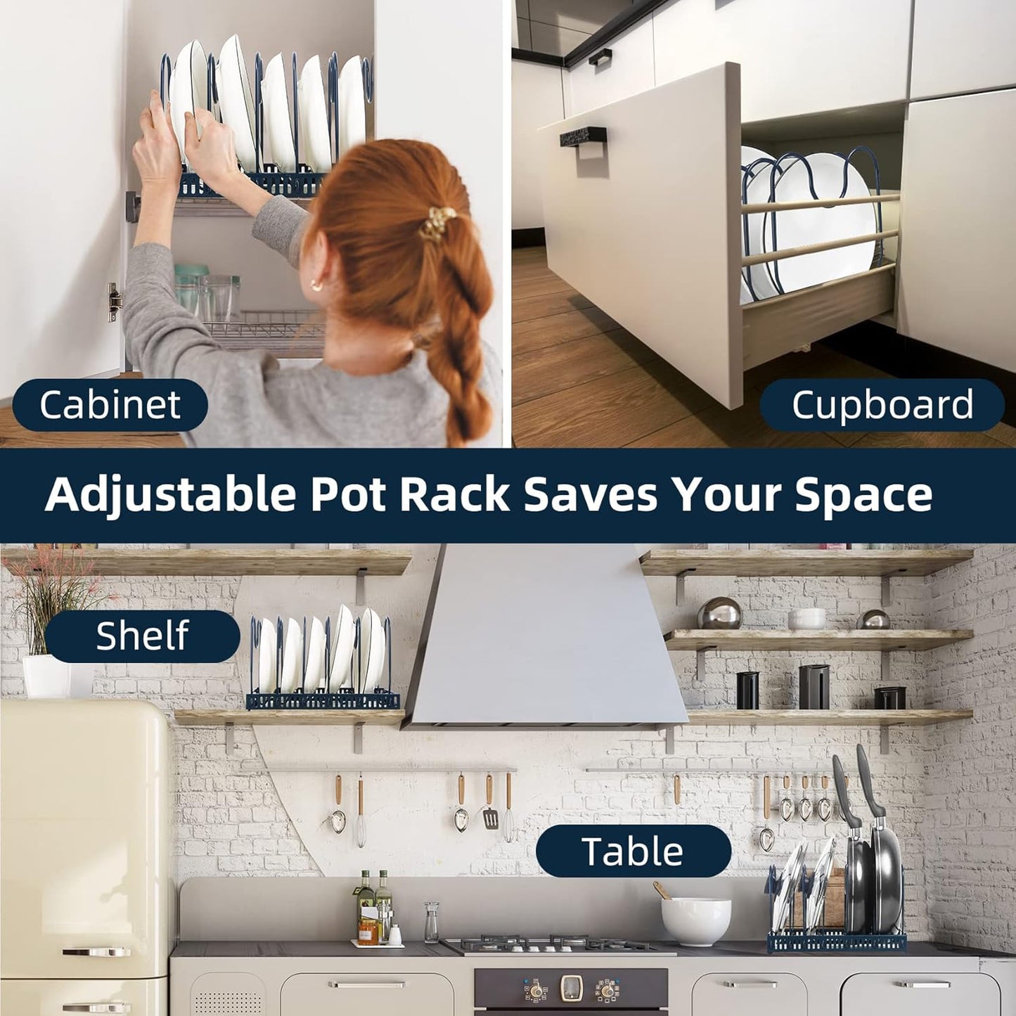 Pot Rack Organizer -Expandable Pot and Pan Organizer for Cabinet,Pot Lid Organizer Holder with 10 Adjustable Compartment for Kitchen Cabinet Cookware Baking Frying Rack,Bronze