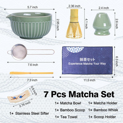 7pcs Matcha Whisk Set with 18oz Spout Bowl, Japanese Tea Ceremony Kit, Natural Bamboo Whisk Scoop, Ceramic Holder Sifter Towel, Best Gift for Beginners and Matcha Lovers